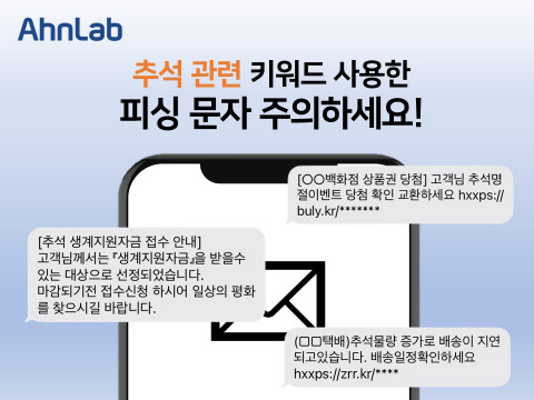 안랩, 추석 유관 키워드 사용한 다양한 주제의 피싱 문자 주의 안랩, 추석 유관 키워드 사용한 다양한 주제의 피싱 문자 주의